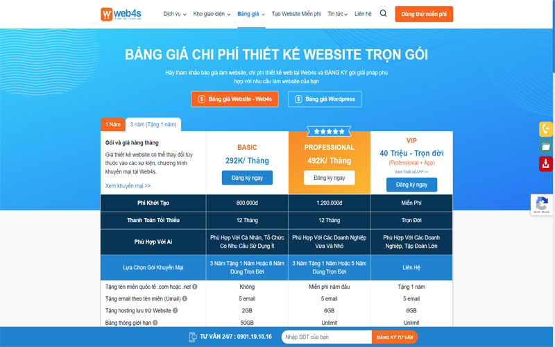 Bảng giá dịch vụ thiết kế website trọn gói web4s
