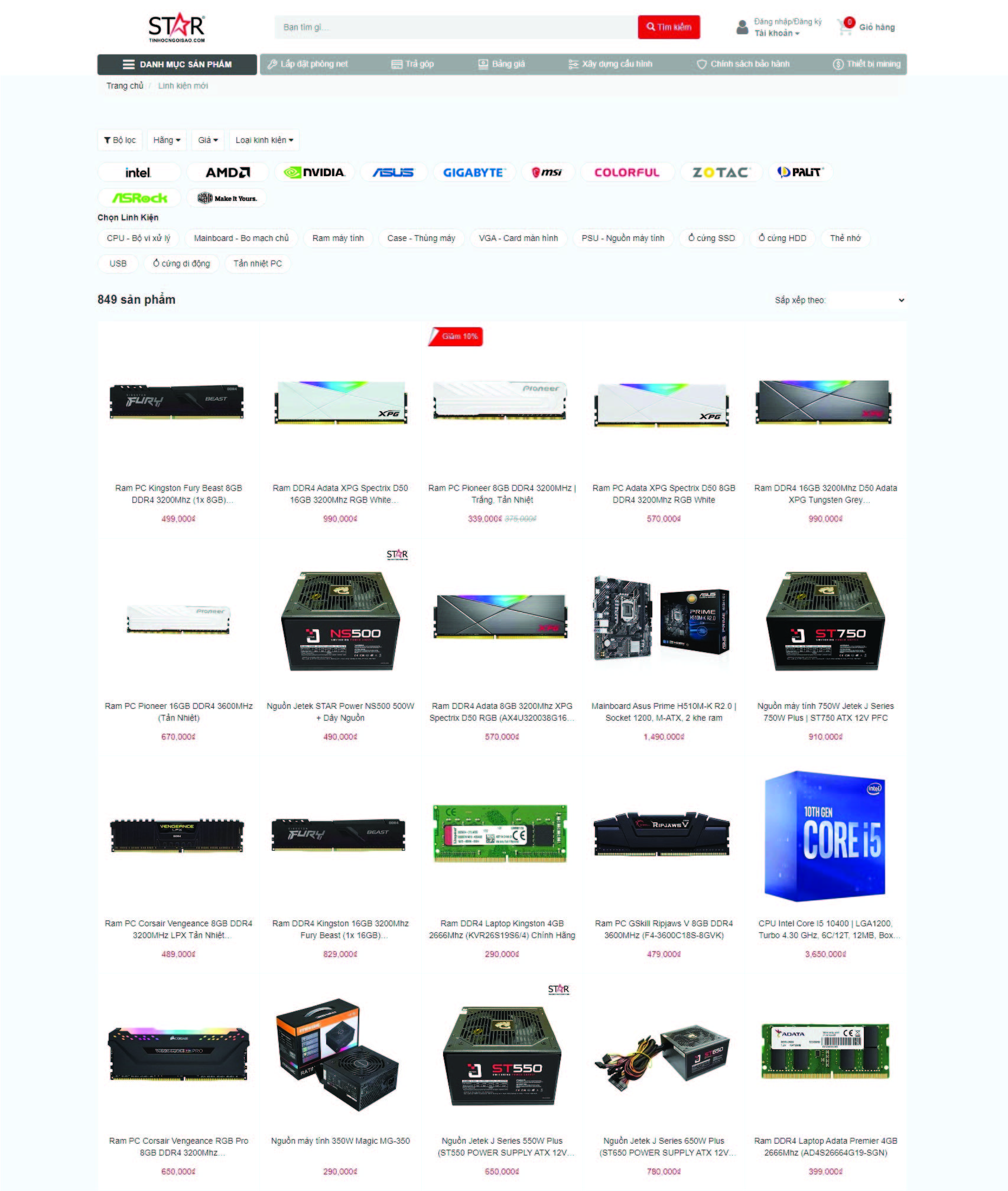 Mẫu website bán linh kiện máy tính tinhocngoisao.com