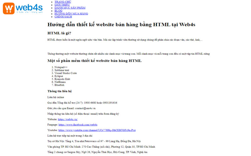 Kết quả thiết kế website bán hàng bằng HTML trên Visual Studio Code 
