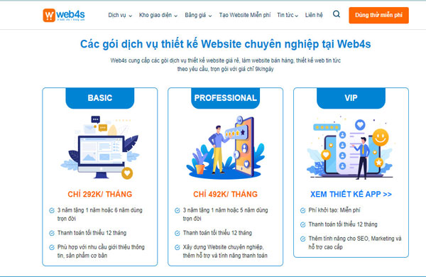 bảng giá dịch vụ thiết kế website tại web4s