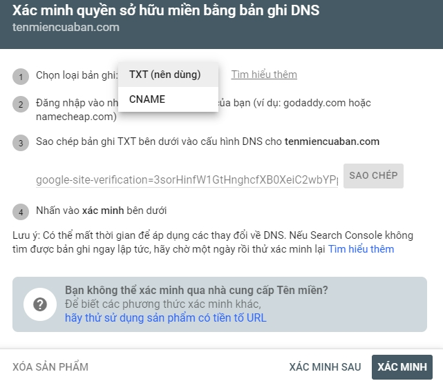 Sau đó, xác minh quyền sở hữu tên miền với Google bằng cách sử dụng bản ghi DNS để chứng thực.