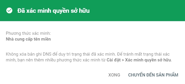 Kết quả xác minh thành công